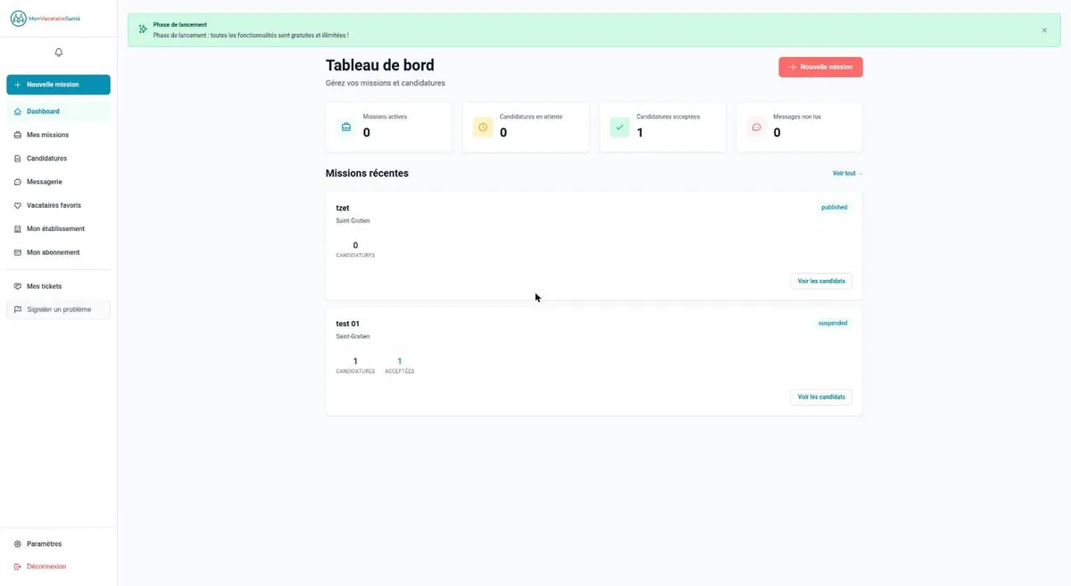 The facility dashboard: assignments and applications at a glance.